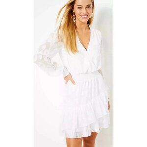 Lilly Pulitzer White Long Sleeve Mini Dress Sz 12 V-Neck Smocked Waist Resort